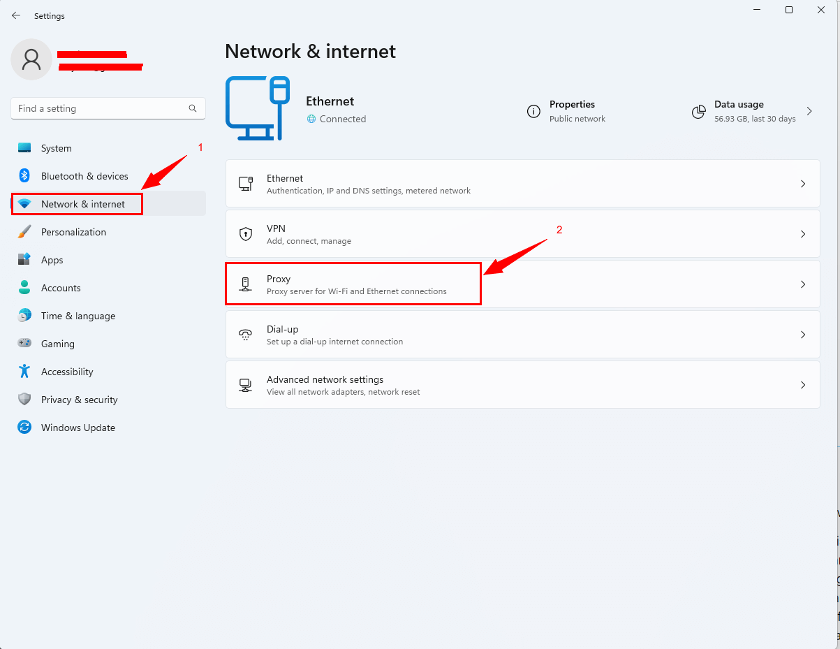 Step 2 - Network and Internet, and then Proxy